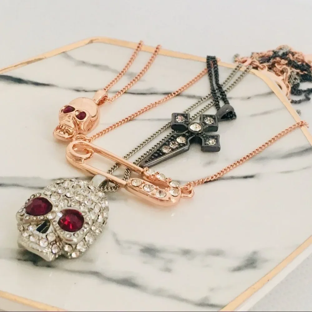 Layered Skull Safety Pin Cross Rose Gold Gun Metal Silver Necklace NWT - Picture 2 of 8